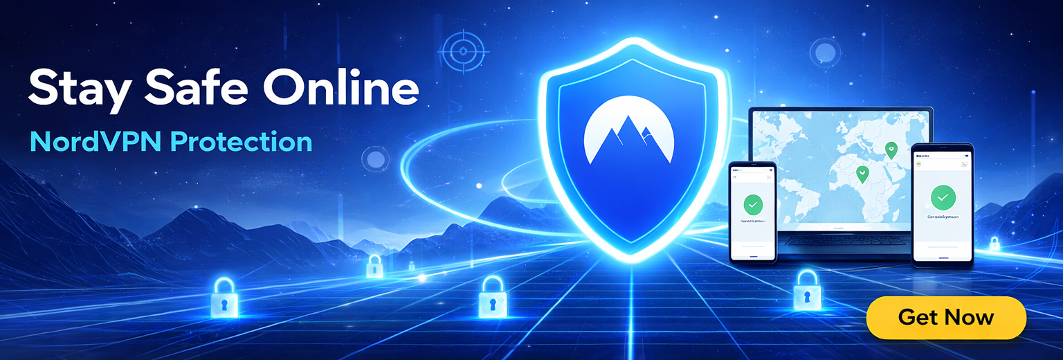 “NordVPN protection banner showing a secure shield with connected devices and a ‘Get Now’ button, promoting safe and private internet browsing.”